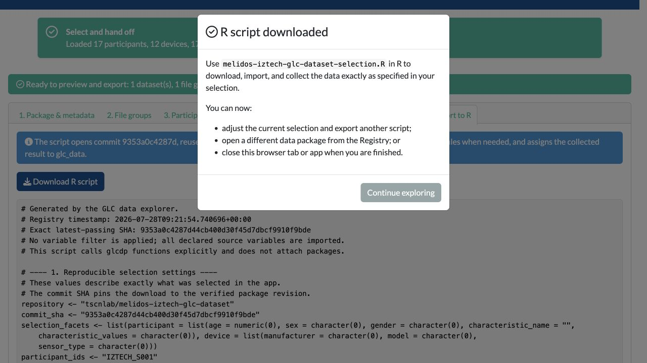 R script downloaded dialog naming the MELIDOS IZTECH selection script and offering to continue exploring