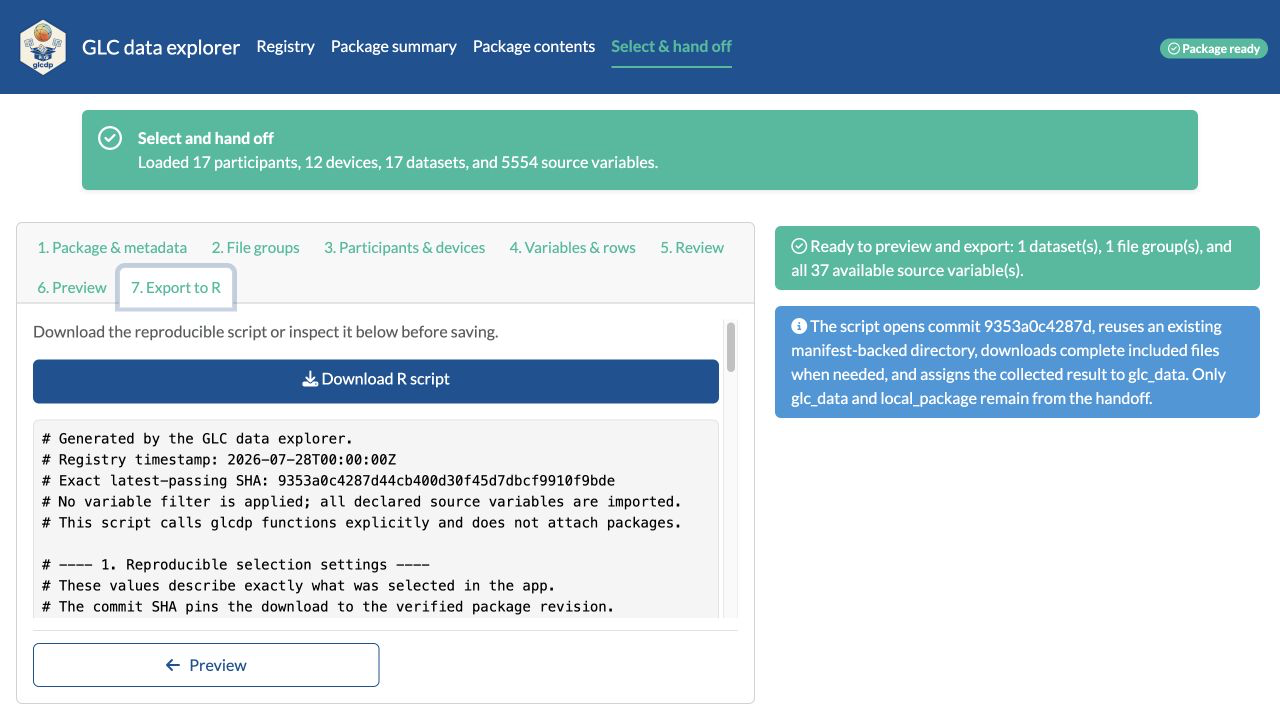 Export step for the MELIDOS IZTECH chest-sensor selection, with the annotated R script directly below its download button, a fixed Preview button, and the exact passing revision described beside it