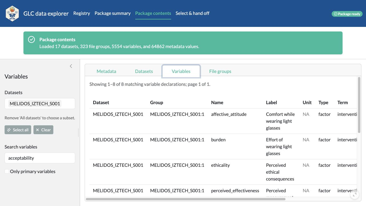 MELIDOS IZTECH variable inventory filtered to S001 acceptability variables, showing their declared factor type and semantic term