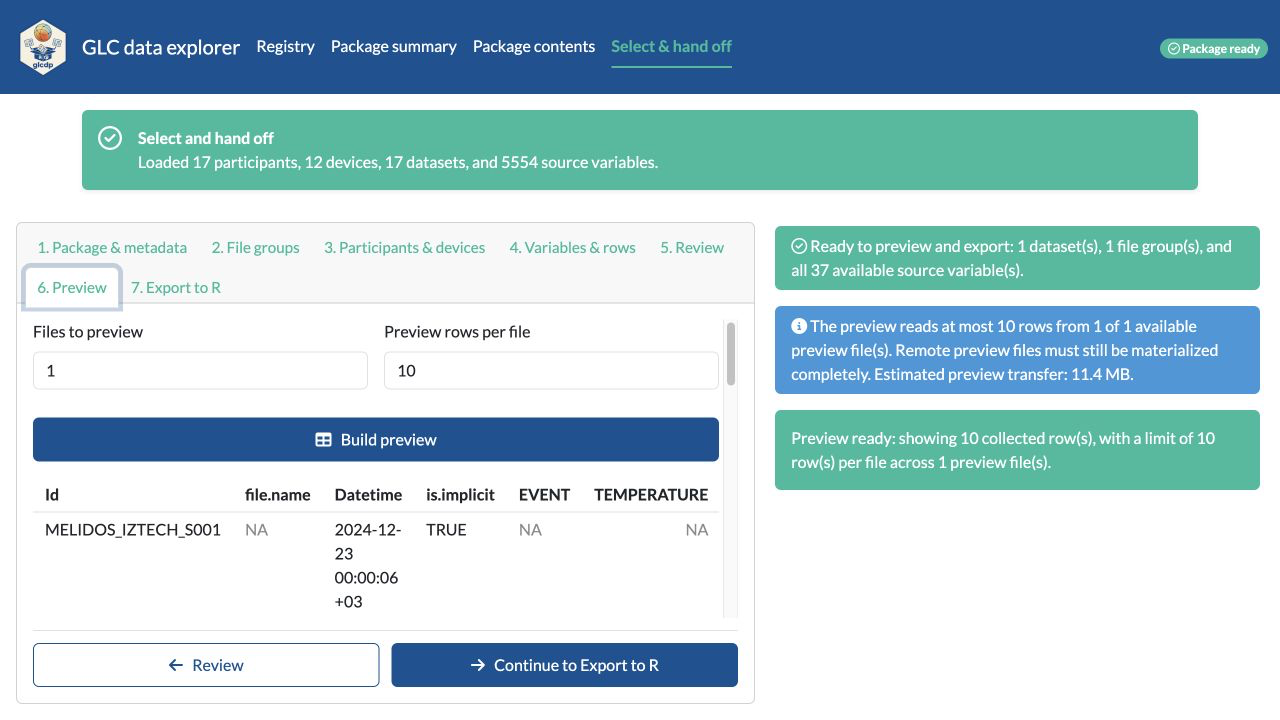 MELIDOS IZTECH preview step with separate file and row limits, the collected chest-sensor table directly below the full-width Build preview action, and fixed equal-width Review and Export navigation