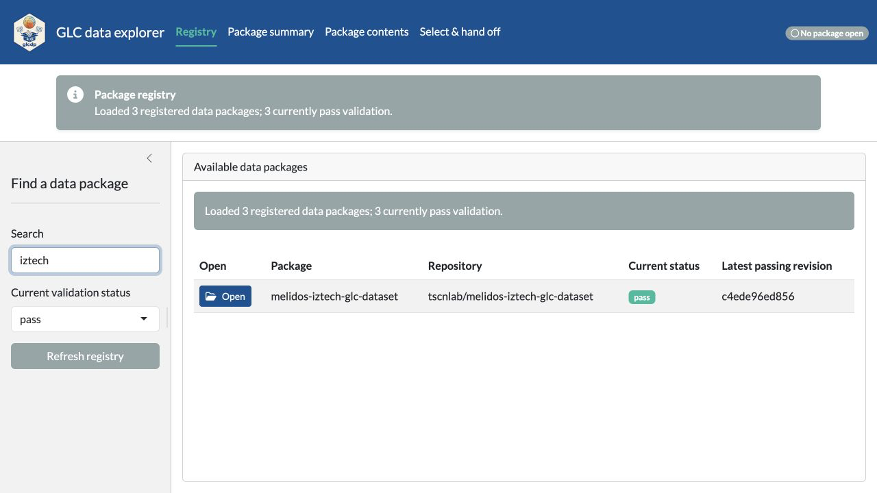 GLC data explorer Registry filtered to iztech, showing the passing MELIDOS IZTECH package and its latest validated revision